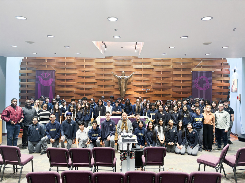 Group photo of Father Ho Lung with Senator O'Connor students and staff