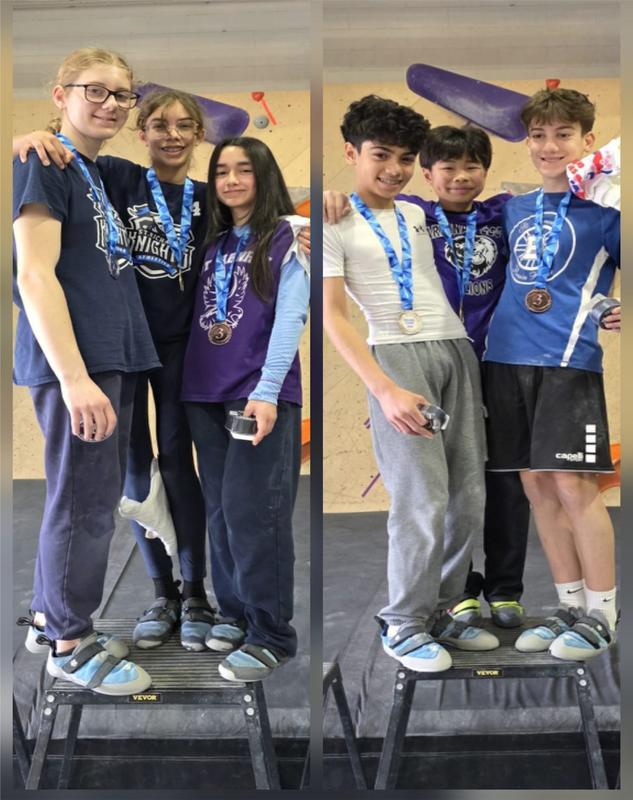 Collage of two photos of the six winners posing together with their medlas