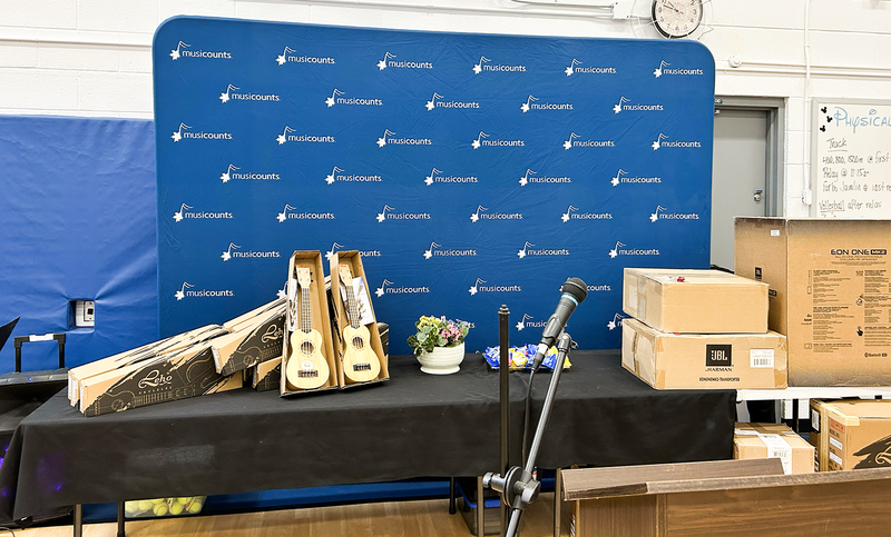 Photo of the donated musical instruments and stands