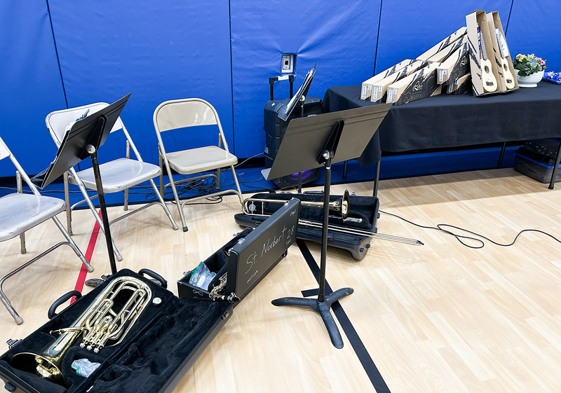 Photo of the donated musical instruments and stands