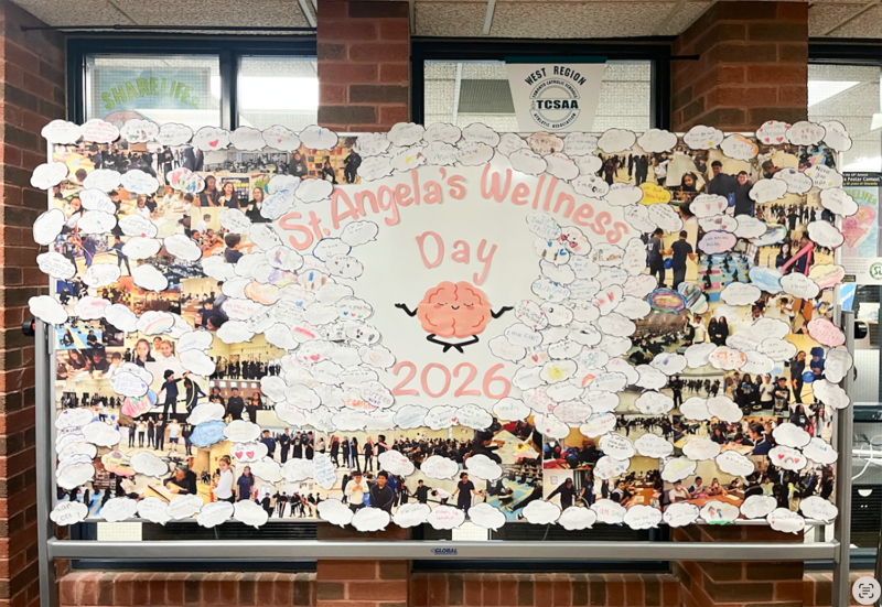 Banner showing St. Angela Wellness Day 2026 with photos of the event and messages from students about the event