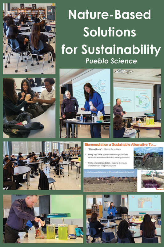 Poster titled Nature-Based Solutions for Sustainability, showing a collage of photos of students attending an enriching presentation from Pueblo Science