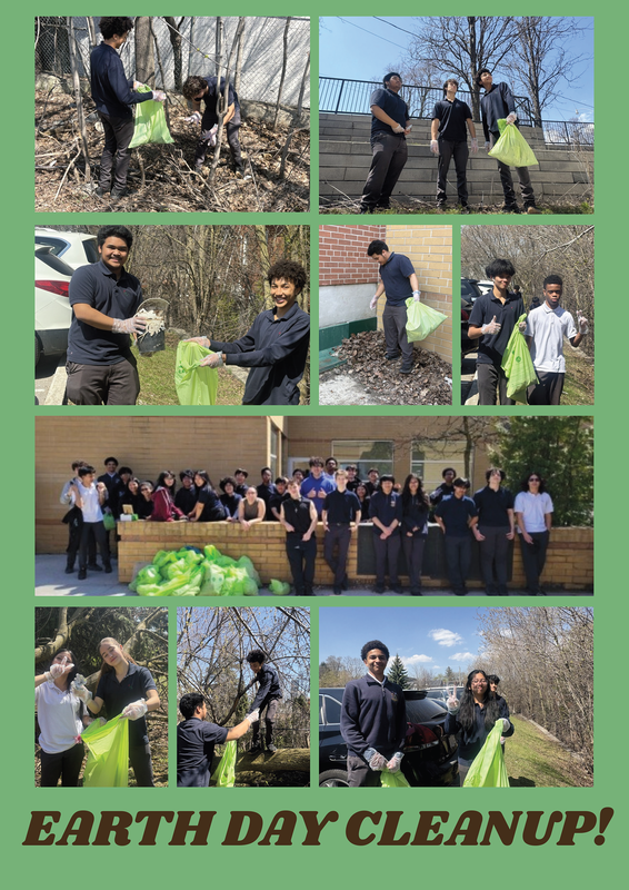 Collage of photos of students cleaning up the school and Eglinton Park during the Earth Day Cleanup