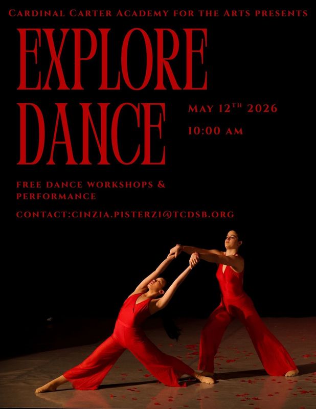 Poster - Text saying "Explore Dance" with a photo of two students in red dancing together