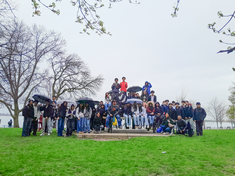 Group photo of Marshall McLuhan students in front of the lake during the Math Trail