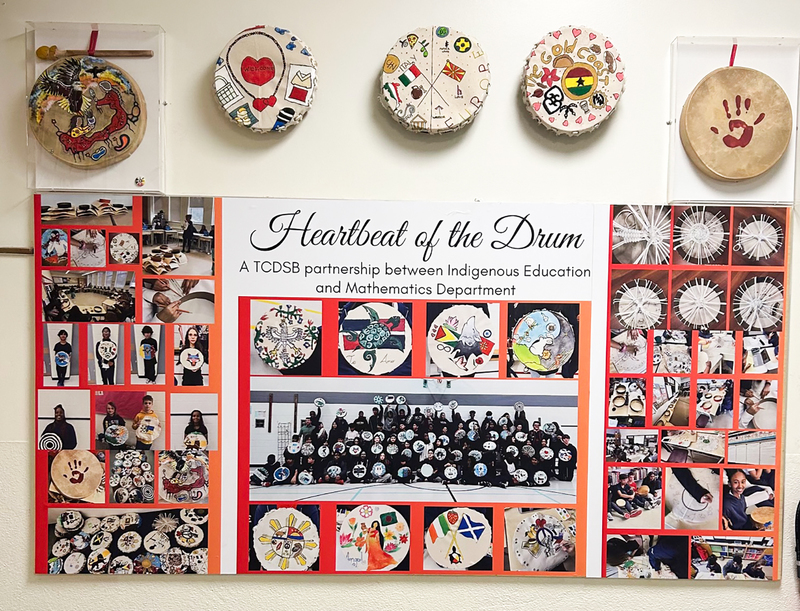 Photo of the mural of the event at St. Theresa Shrine, with the drums the students created as well as photos from the event posted up