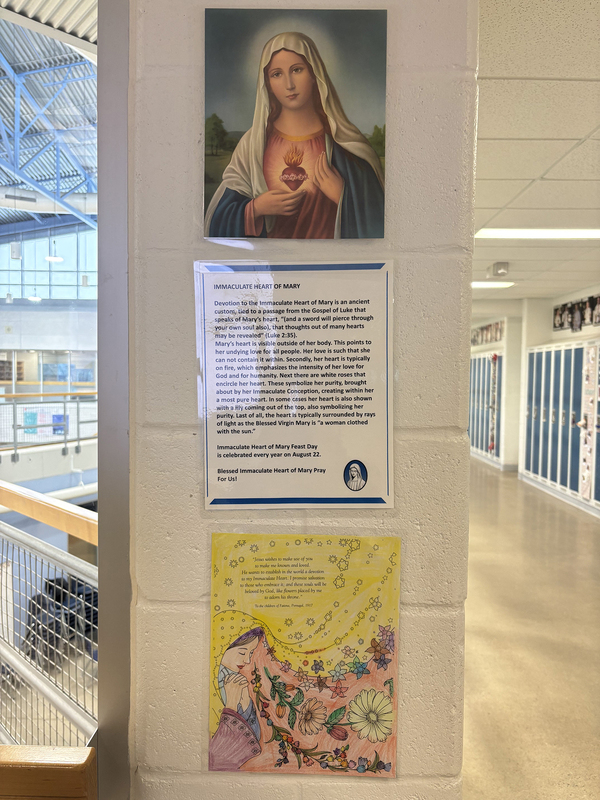 One of the stations during the walk with a painting of Mary and related information
