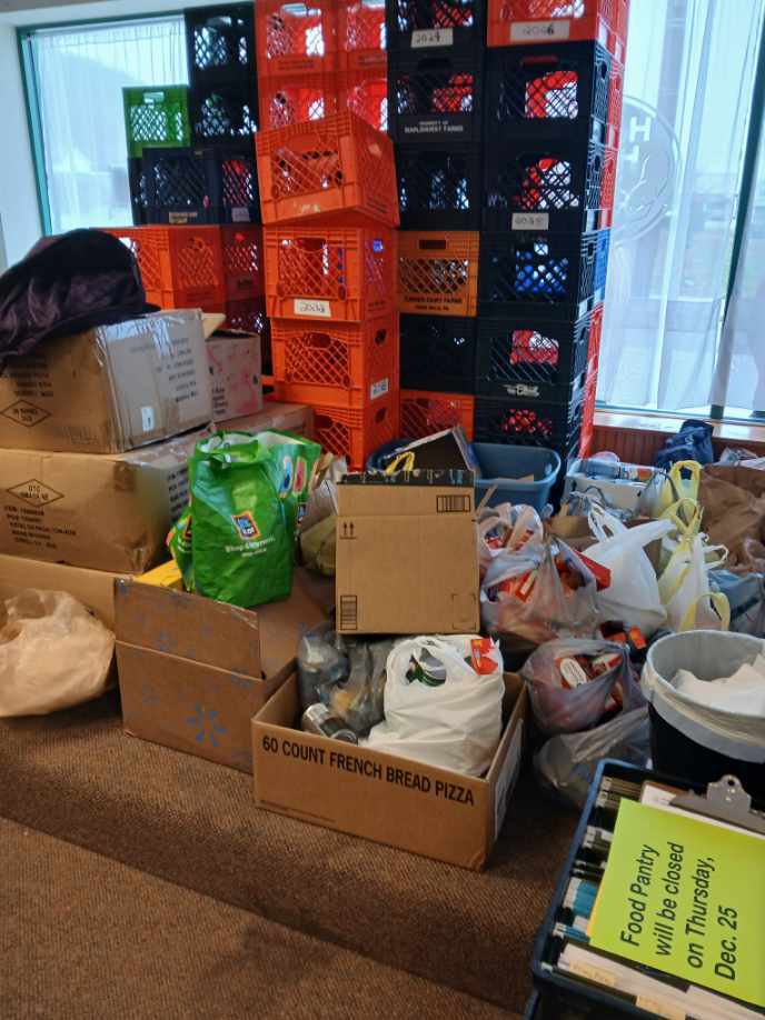 items and crates at food pantry