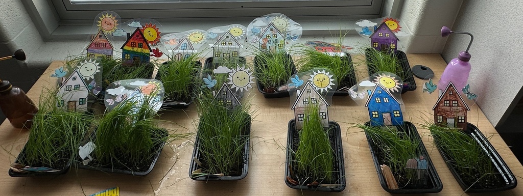 kid(s) with grass plant