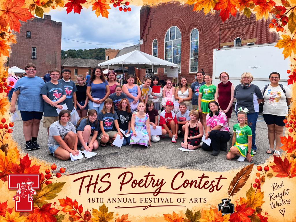 Group of Toronto City Schools students in grades 6–12 gathered outdoors at the 48th Annual Festival of Arts after participating in the THS Poetry Contest. Students are standing together in front of a brick building, with several holding copies of their original poems. The photo is framed with a fall-themed border featuring autumn leaves and the words “Red Knight Writers” and “THS Poetry Contest.”