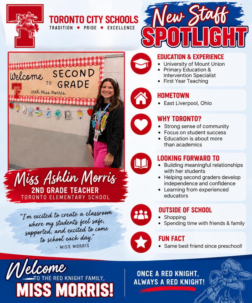 New Staff Spotlight featuring Miss Ashlin Morris, a second-grade teacher at Toronto Elementary School. Miss Morris is pictured smiling beside her classroom display that reads, “Welcome to Second Grade with Miss Morris.” The graphic introduces her as a new member of the Red Knight family.