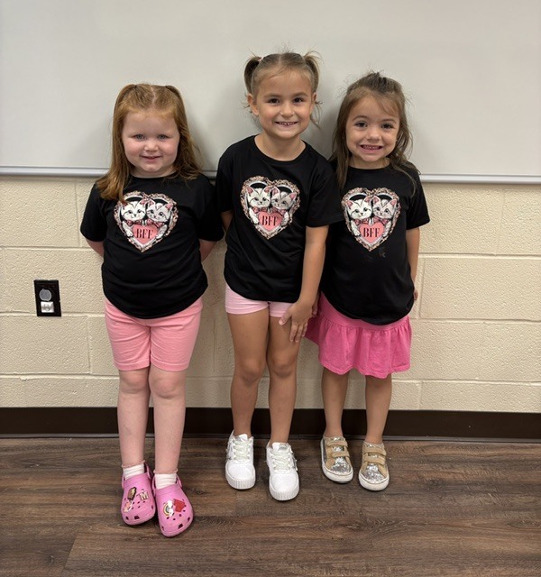 Toronto preschool students celebrate Twin Day during Attendance Spirit Week. In several photos, pairs and groups of students smile and pose together wearing matching or coordinated outfits, including checkered clothing, matching character shirts, colorful dresses, and matching friendship shirts.