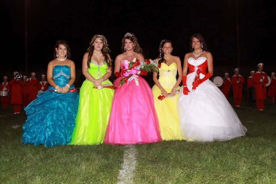 A collection of Toronto High School Homecoming photographs from several decades, including the 1980s through the 2010s. The photos feature former Red Knights participating in Homecoming courts, formal dances, Powderpuff activities, and other Homecoming traditions. Images include couples and groups of students, Homecoming court members in formal gowns and suits, vintage court portraits, and students celebrating together. The collection highlights changing fashions, hairstyles, and traditions while showcasing generations of Toronto students and Red Knight Homecoming memories.