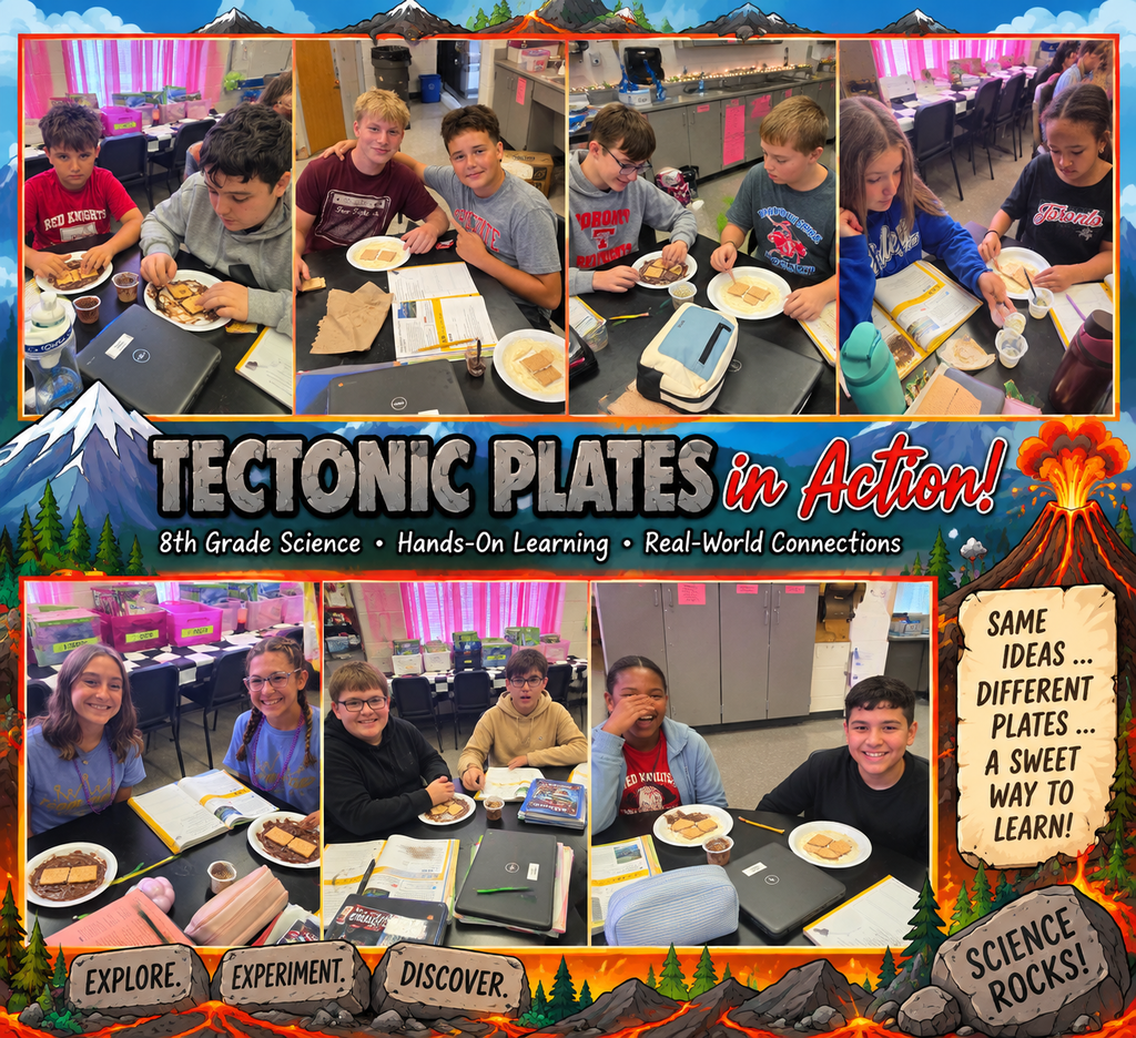 Photos show 8th grade science students working in pairs and small groups at classroom tables. Students use graham crackers placed on plates of pudding to model the movement and interaction of Earth’s tectonic plates. Science materials, notebooks, and Chromebooks are visible as students work through the hands-on activity.