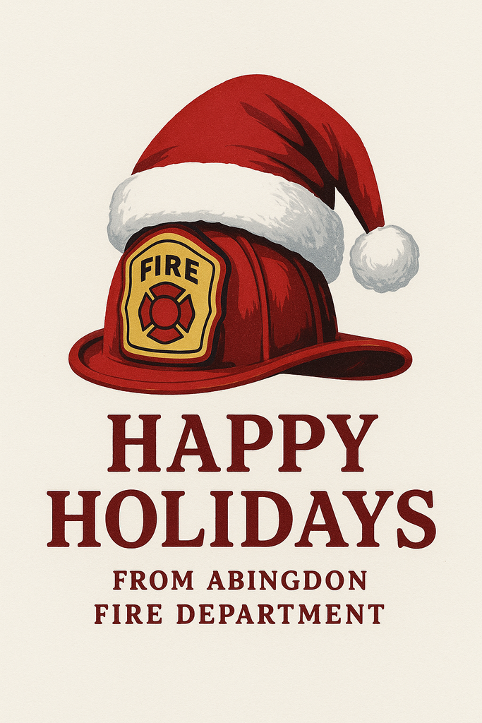 Fire Helmet With Christmas hat on it, and text saying Happy Holidays from the Abingdon Fire Department
