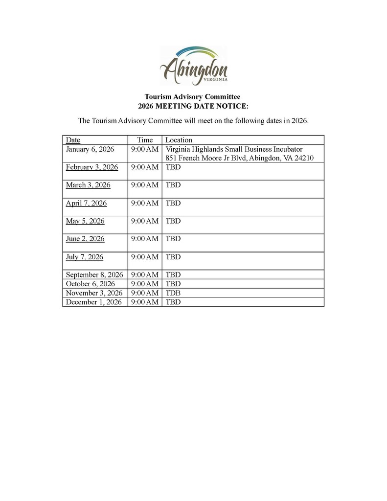 Below is the Notice of Meeting for Tourism Advisory Committee meeting dates in 2026: