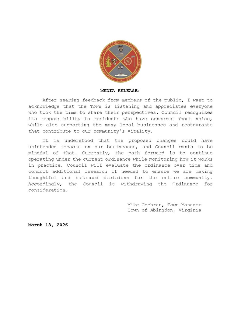 Media Release Re: Noise Ordinance