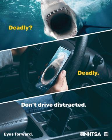 Image of a shark attack and a driver looking at the cell phone