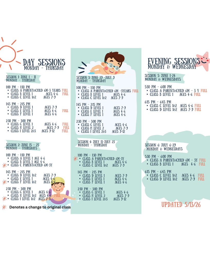 Updated Swim Lesson Schedule 5.13.26