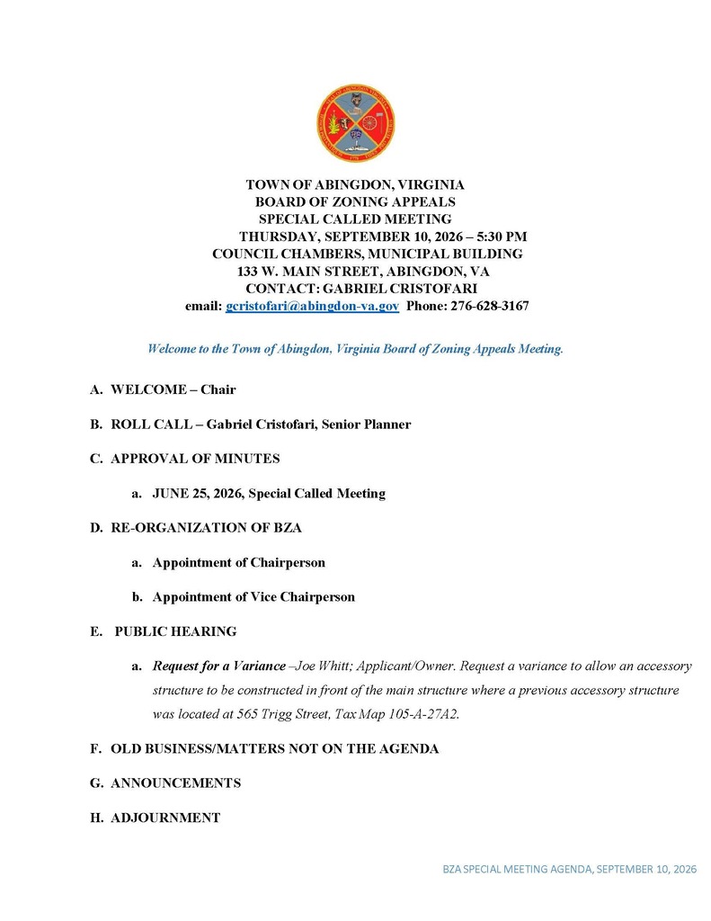 Document for the Town of Abingdon, Virginia, Board of Zoning Appeals meeting on September 19, 2024, 5:00 PM, includes topics like Welcome, Roll Call, Approval of Minutes, and Public Hearing.