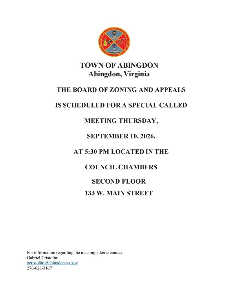 Notice with Abingdon Town Board of Zoning and Appeals logo. Meeting scheduled for September 10, 2026, at 5:30 PM in the Council Chambers, second floor, 133 W. Main Street.