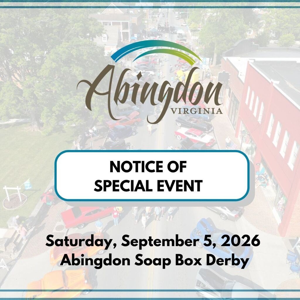 Notice of a special event, Abingdon Soap Box Derby, on Saturday, September 5, 2026, with a town background.