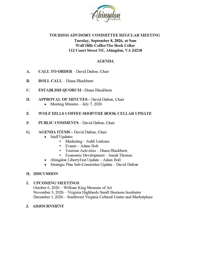 A document titled "Tourist Advisory Committee Regular Meeting" lists agenda items, meeting dates, and location details, with an emphasis on Wolf Hills Coffee.