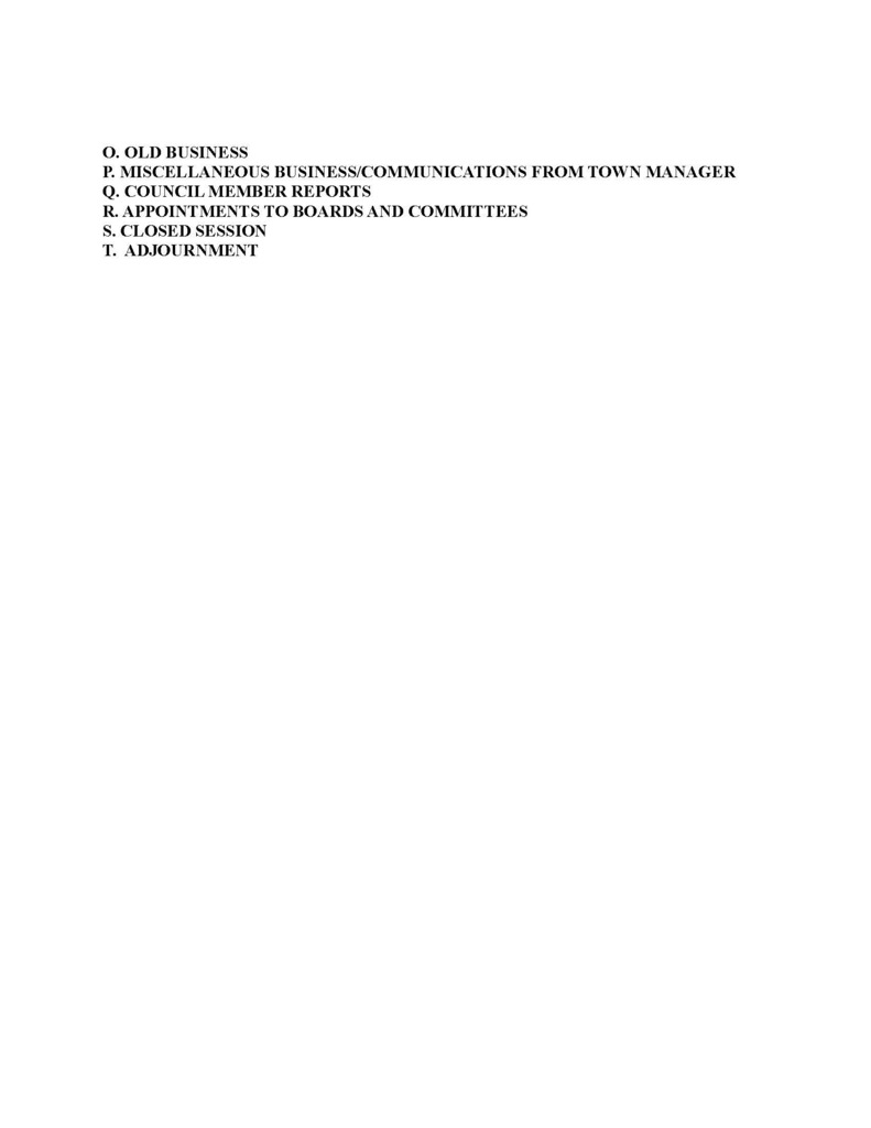 A white page with black text. Text reads: "Old Business", "Miscellaneous", "Appointments", "Closed Session", and "Adjournment".