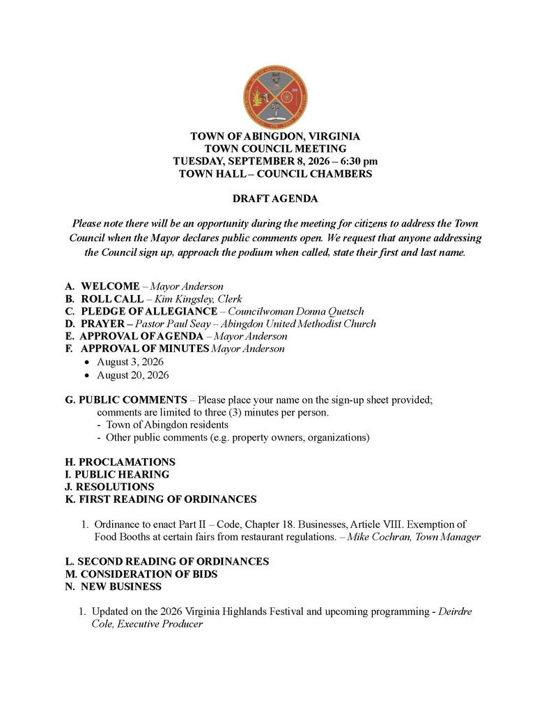 Town of Abingdon, Virginia Town Council meeting on Tuesday, September 8, 2020, at 4:30 pm. Agenda includes welcome, roll call, prayer, pledge of allegiance, approval of minutes, public comments, proclamations, reading of ordinances, and new business.