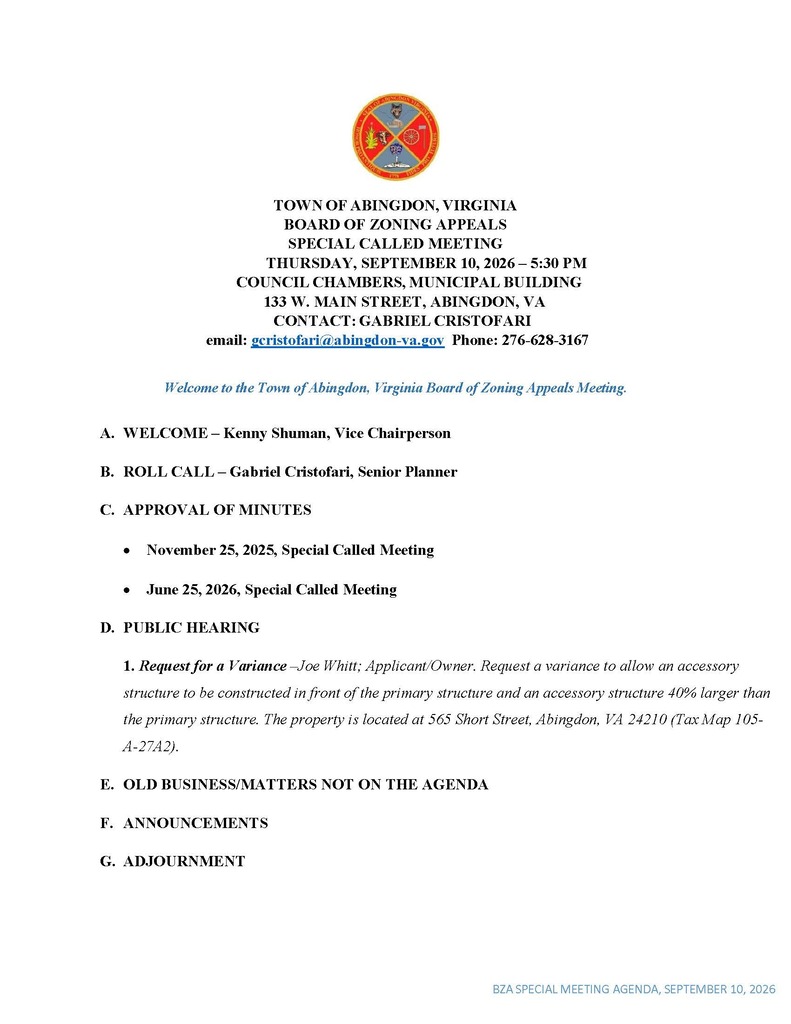 A white document with black text, titled "Town of Abingdon, Virginia Board of Zoning Appeals Special Called Meeting" outlines a meeting date, agenda items, and contact details.