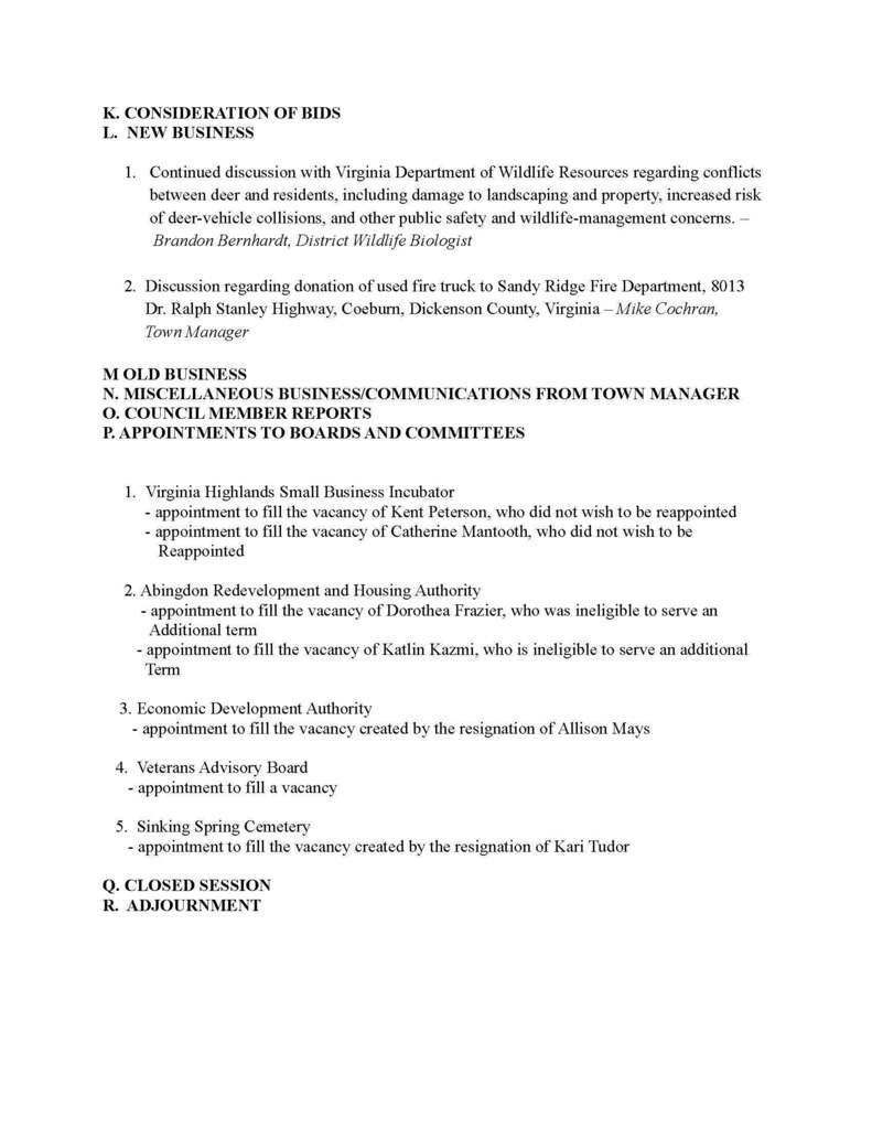 A document shows text in black on a white background. It contains sections like "Consideration of Bills," "New Business," and "Miscellaneous Business." Each section has bullet points and paragraphs of text.
