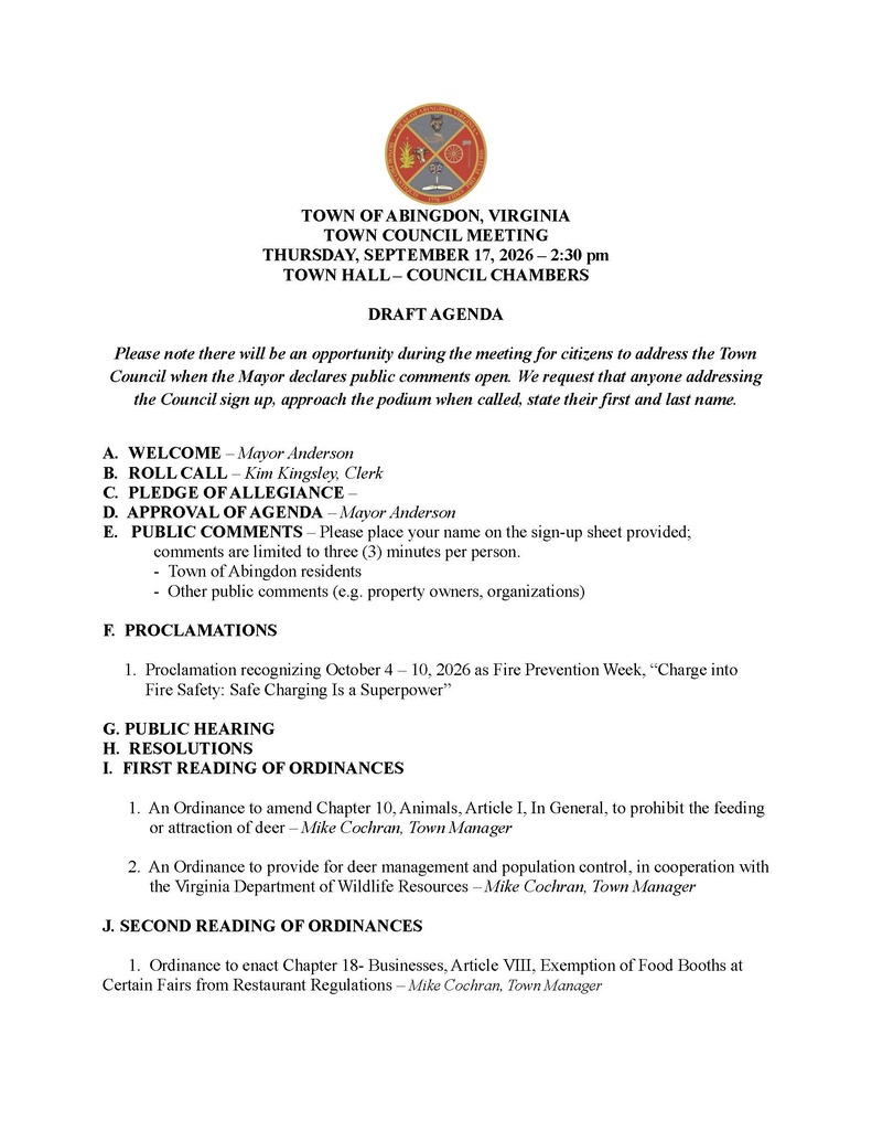 A document features the text "TOWN OF KINGDOM, VIRGINIA" and "TOWN COUNCIL MEETING" with a date and time. A list of agenda items includes welcome, roll call, approval, public comments, and public hearing.
