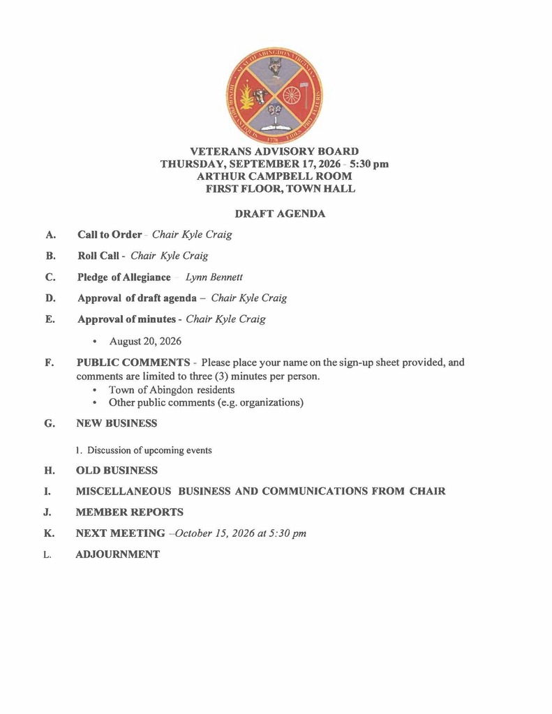 Meeting agenda for Veterans Advisory Board on September 17, 2015. Meeting at Arthur Campbell Room, First Floor, Town Hall. Agenda includes call to order, pledge, approval of draft agenda, approval of minutes, public comments, new business, old business, member reports, next meeting, and adjournment.