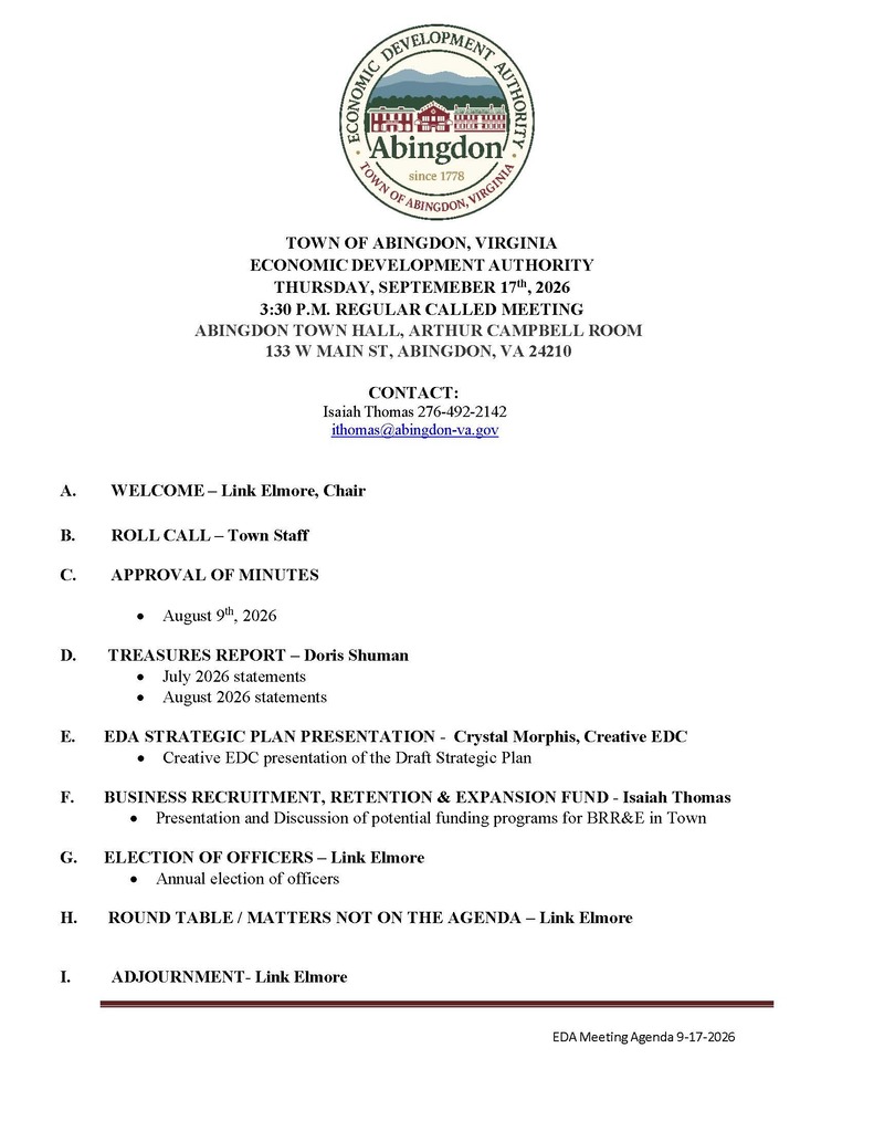 Document titled "EDA Meeting Agenda" includes a table of contents. Sections include Welcome, Roll Call, Approval of Minutes, Treasurer's Report, Strategic Plan Presentation, Business Recruitment, and Adjournment.