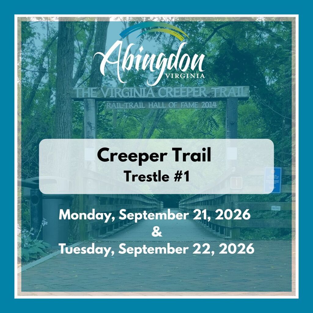 An ad for the Abingdon Virginia Creeper Trail shows a pathway and trees. Dates: Monday, September 21, 2026, and Tuesday, September 22, 2026.