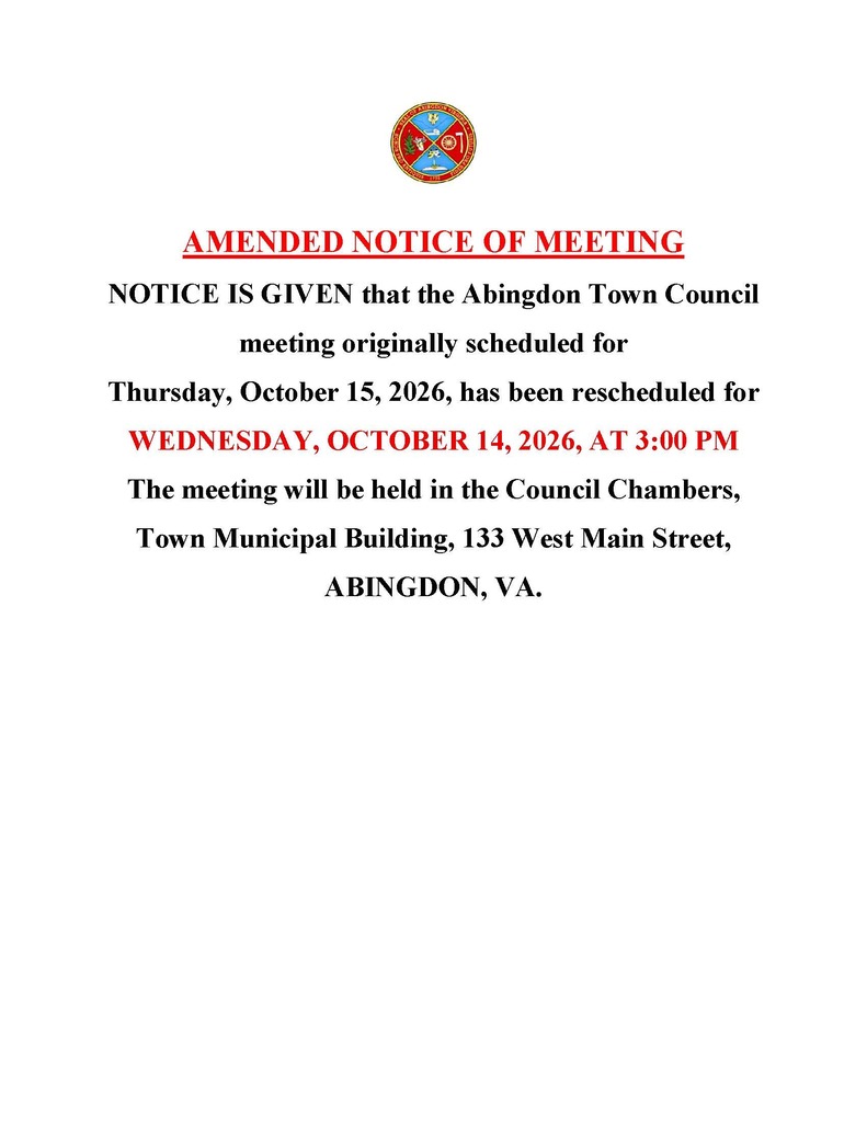 Notice with red and black text, stating Abingdon Town Council meeting rescheduled for Wednesday, October 14, 2026 at 3:00 PM in Council Chambers.