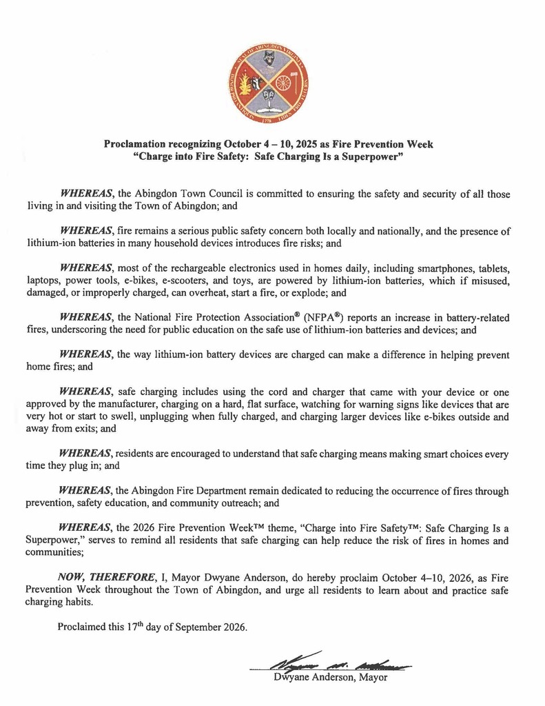 Text on a white background reads "Proclamation recognizing October 4-10, 2025, as Fire Prevention Week." The document includes a seal with a circular design.