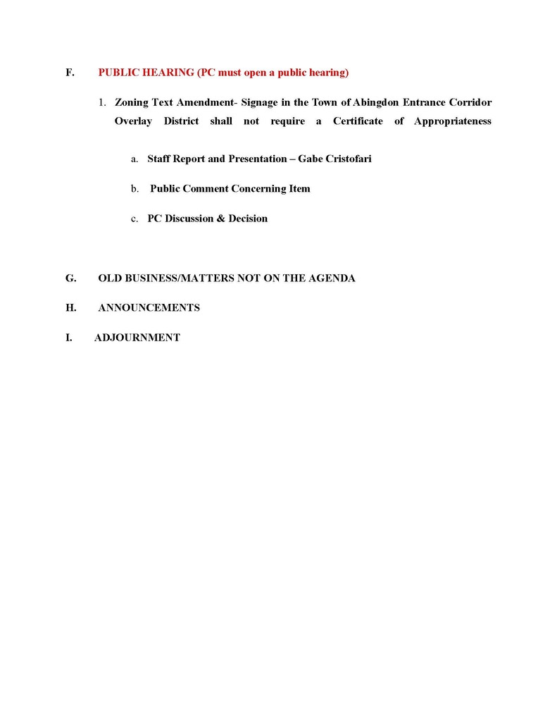 A document displays sections titled "Public Hearing" and "Old Business/Matters Not on the Agenda" with bullet points.