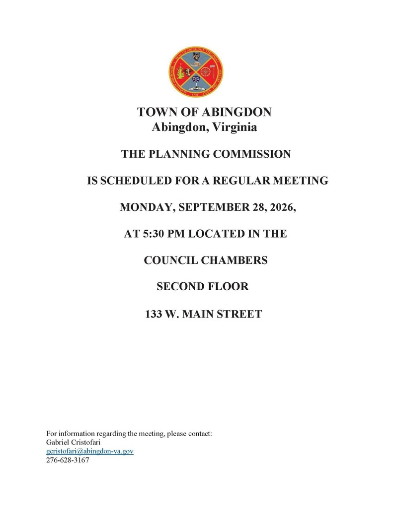 A white page with black text states the Town of Abingdon Planning Commission is scheduled for a regular meeting on Monday, September 28, 2026, at 5:30 PM.