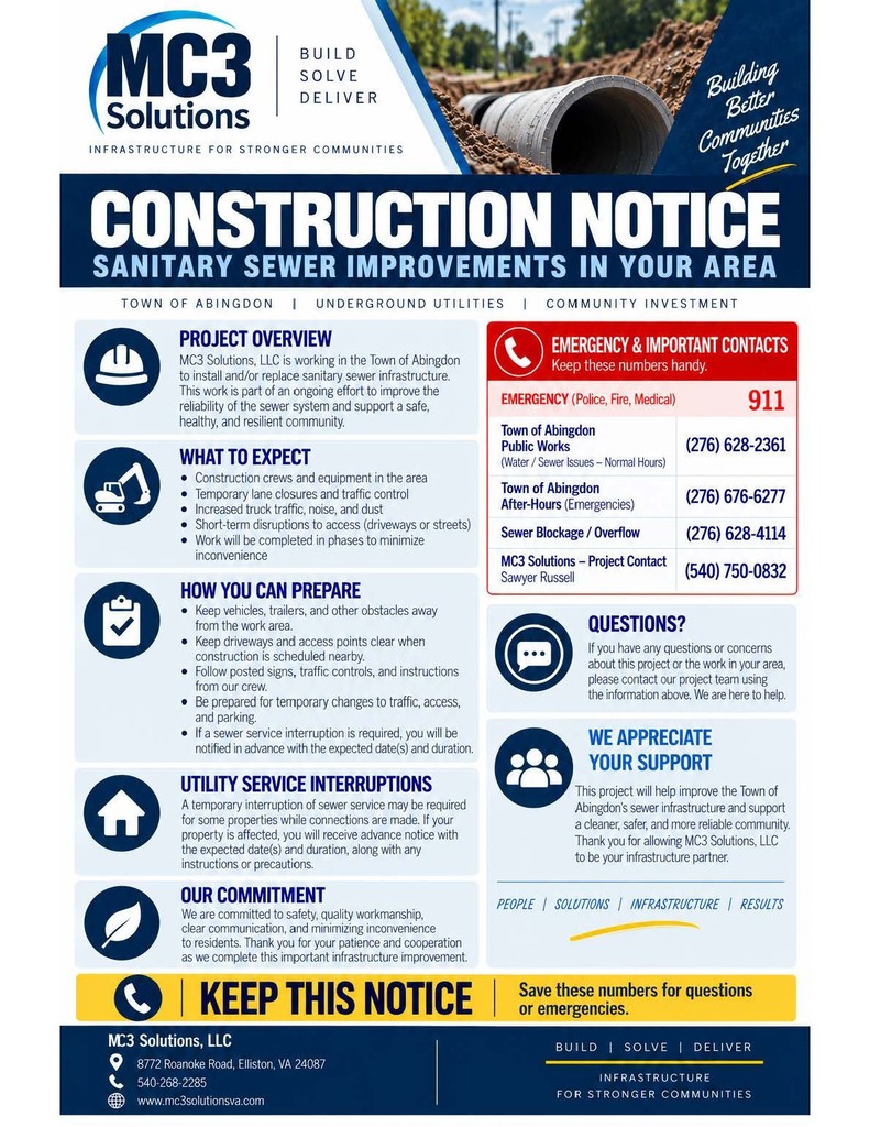 A construction notice about sanitary sewer improvements in the area. It includes project overview, emergency contacts, and what to expect.