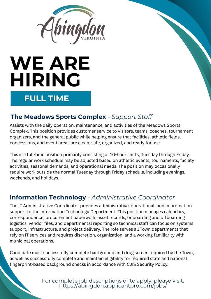 Job posting for Abingdon, Virginia, featuring positions for Meadows Sports Complex Support Staff and Information Technology Administrative Coordinator.