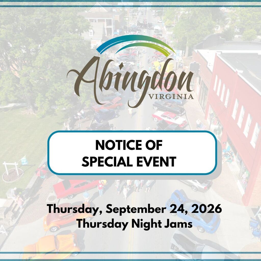 Notice of a special event, Thursday, September 24, 2026, for Thursday Night Jams. Aerial view of Abingdon, Virginia.