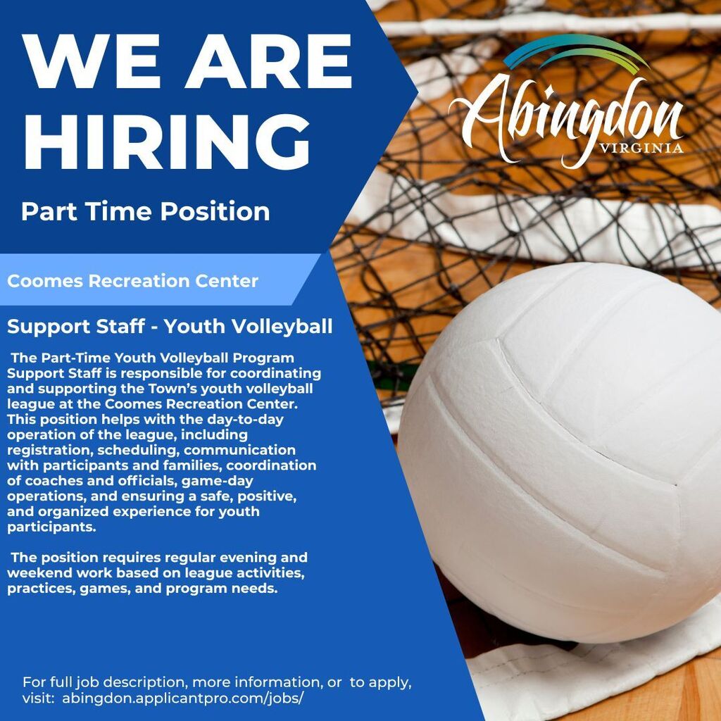 An ad for part-time youth volleyball support staff at the Coomes Recreation Center in Abingdon, Virginia.