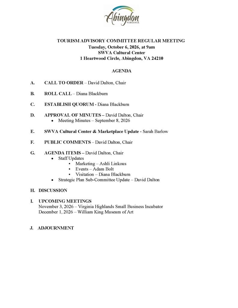 Document titled "Tourism Advisory Committee Regular Meeting" has an agenda list. The date is Tuesday, October 4, 2022, at 7 pm, at the Hyattwood Circle in Arlington, Virginia.