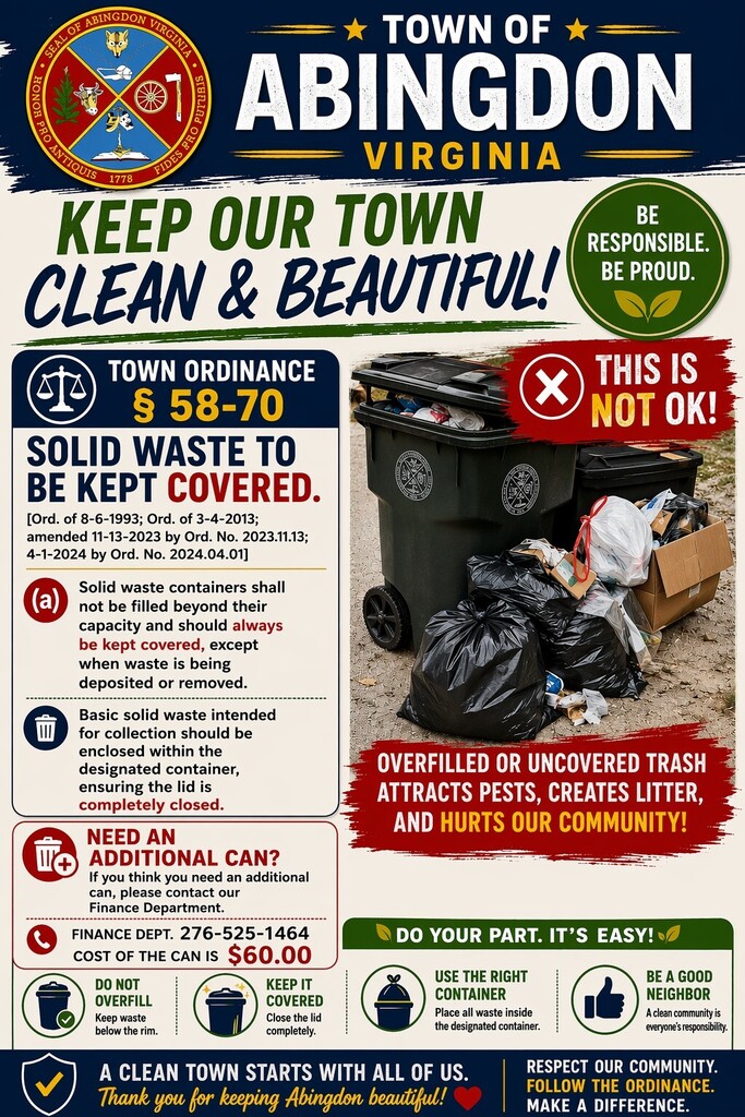 A poster encourages cleanliness in Abingdon, Virginia. It features a trash can and a box with a label stating, "Keep Our Town Clean & Beautiful!".