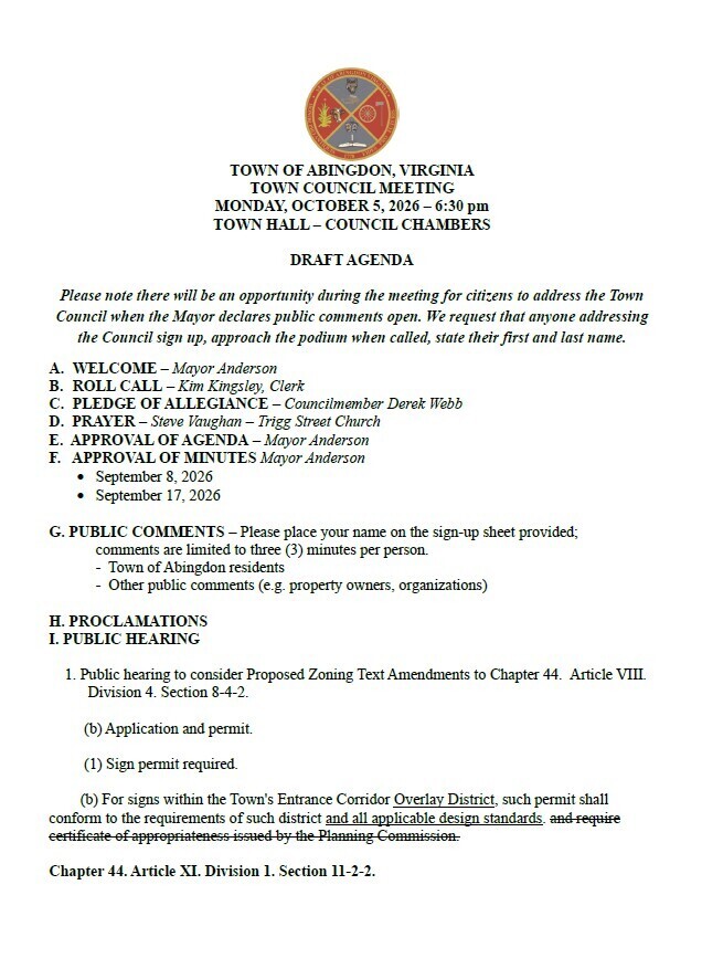 Document with heading "Draft Agenda" in the middle. Items include "Welcome" and "Public Comments" on the left side. Text is in black on white.