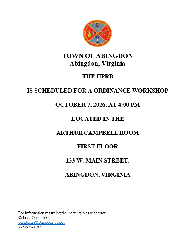 An announcement for the HPRB ordinance workshop in Abingdon, Virginia, on October 7, 2026, at 4:00 PM in the Arthur Campbell Room.