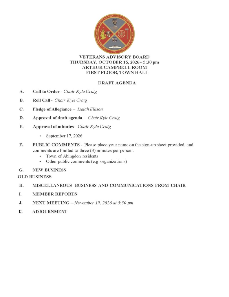 A document shows a draft agenda with a red and white logo on the top left. It lists meeting topics and public comment information.