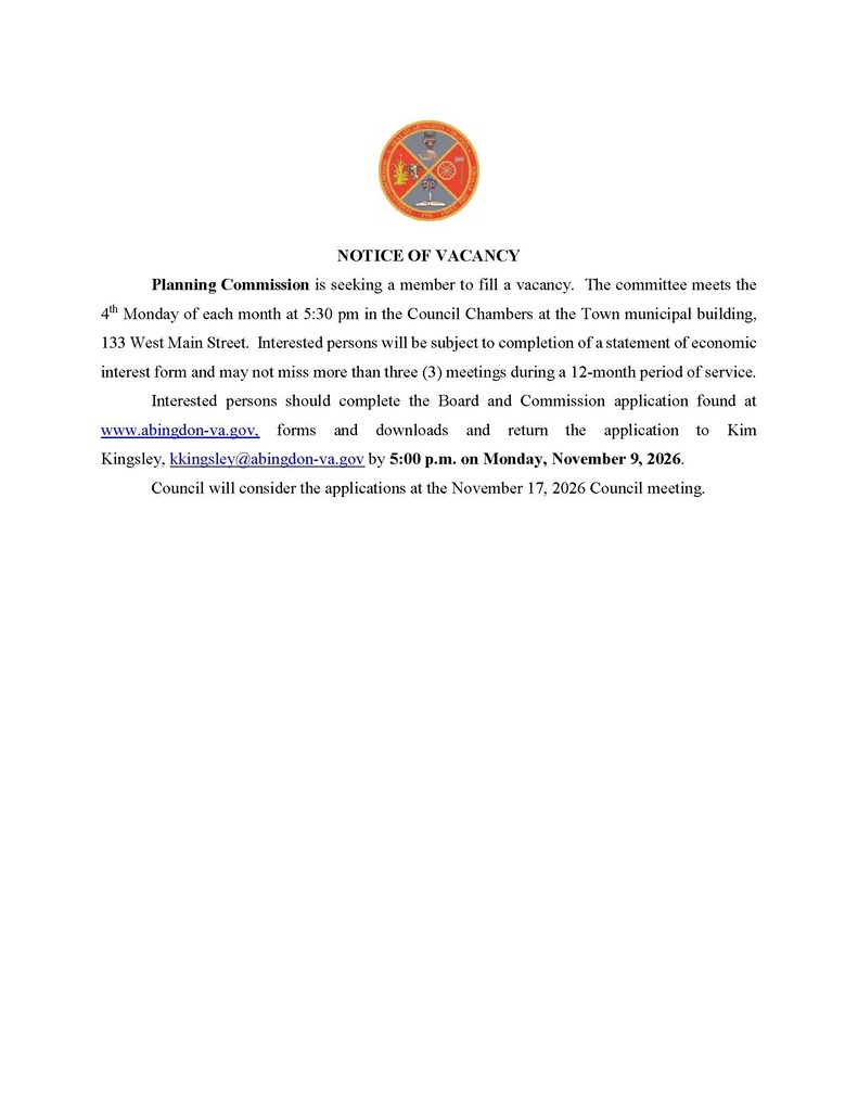 A document displays a heading "NOTICE OF VACANCY" with the Planning Commission logo. It provides details on the vacancy, application process, and dates.