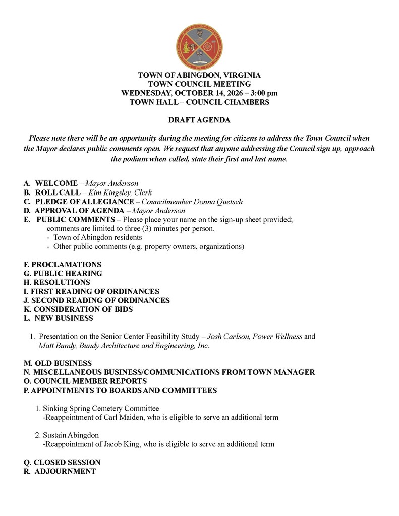 Agenda for Abingdon Town Council meeting on Oct 14. Items include welcome, proclamations, resolutions, public comments, new business, appointments and closed session.